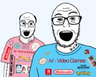 4chan a_(4chan) anime arm badge board_soyjaks clothes gabriel_dropout gawr_gura glasses hatsune_miku hololive inugami_korone japanese_text logo loli mario nes nintendo open_mouth ornament otaku pokemon satania soyjak stubble super_smash text the_legend_of_zelda tranny tshirt variant:vidyajak video_game vocaloid vtuber waifu // 1091x878 // 216.3KB