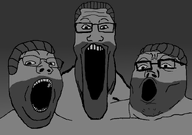 3soyjaks glasses green_skin grey_background hair looking_at_you meta:trendy_tuesday open_mouth series:trios_&_duos stubble subvariant:longplier trend:gigajaks variant:gapejak variant:markiplier_soyjak variant:tony_soprano_soyjak // 828x581 // 26.8KB