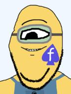 clothes comic_sans facebook goggles large_eyes letter logo minion one_eye smile soyjak spade stubble subvariant:wholesome_soyjak variant:gapejak yellow_skin // 800x1066 // 217.1KB