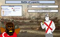 Lepanto antenna battle battle_of_lepanto beard clothes cockroach country flag flag:spanish_empire flag:turkiye helmet open_mouth ottoman_empire satoko_fans_arent_white_(NameFag) soyjak spain sword turkiye turkroach variant:cobson variant:feraljak war wikipedia yellow_teeth // 2481x1529 // 5.1MB