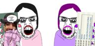 2soyjaks angry barneyfag clothes crazed glasses hair hand lee_goldson lipstick makeup mustache open_mouth painted_nails picture purple_hair soyjak stubble tranny variant:feraljak // 2780x1341 // 1.9MB