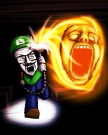 2soyjaks cap clothes drawn_background full_body ghost glasses glove hat l luigi luigis_mansion mustache open_mouth orange_skin overalls plumber scared shoe stubble vacuum variant:isaac variant:nerdjak // 1227x1534 // 1.4MB
