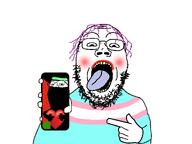 blush eyebrows eyes fat flag:transgender_pride_flag forehead_lines full_body glasses hand holding_object holding_phone lipstick looking_at_you mouth nose nostril open_mouth phone pink_hair pointing showing_phone showing_something stubble subvariant:gapejak_front teeth template tongue tongue_out tranny trans transgender_flag transparent troon variant:gapejak white_background yellow_teeth // 1200x900 // 112.0KB