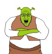 blart clothes crossed_arms dreamworks ear glasses green_skin ogre ogre_ears open_mouth shrek soyjak stubble variant:blartjak // 876x921 // 22.8KB
