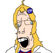 badge blue_eyes clothes female glasses hair knowyourmeme necktie open_mouth soyjak stubble teeth variant:parrotjak white_skin yellow_hair // 682x662 // 17.1KB