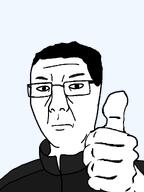 arm chud clothes dark_hair eyebrows glasses hair hand looking_at_you mouth_closed neck no_stubble nose subvariant:chuzjak thick_eyebrows thumbs_up track_suit transparent_background variant:chudjak variant:kuzjak white_skin wrinkles // 810x1080 // 43.5KB