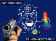 666 aiming_at_viewer angry badge country dildo firearm flag gay glasses gun holding_dildo holding_gun holding_object holding_pistol mustache nato pistol pointing pointing_at_viewer rainbow soyjak star_of_david stubble tattoo text ukraine variant:feraljak weapon // 1200x884 // 894.4KB