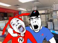 2soyjaks angry arm blood bloodshot_eyes cap clothes costume crying dominos_pizza glasses hand hat holding_object irl_background murder open_mouth redraw soyjak stubble tongue variant:bernd variant:cobson yellow_teeth yo_noid // 1007x753 // 1.1MB