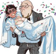 2soyjaks angry arm bloodshot_eyes blush blushing breasts bride brimstone clenched_teeth clothes confetti coomer_artstyle ear female genderbend glasses hand holding_object kiss marriage stubble suit tied_up tranny variant:chudjak variant:gapejak wedding woman // 1855x1791 // 429.4KB