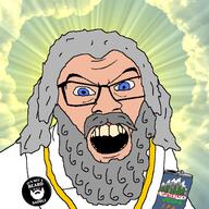 angry badge beard bloodshot_eyes blue_eyes can clothes cloud drawn_background glasses god grey_hair heaven long_hair mustache open_mouth sky soyjak text variant:feraljak vegan yellow_teeth // 1500x1500 // 1.2MB