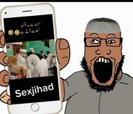 allah arabic_text arm brown_skin clothes dance glasses halal hand hat holding_object holding_phone islam jihad mosque open_mouth stubble subvariant:phoneplier subvariant:phoneplier_vertical variant:markiplier_soyjak video yellow_teeth // 836x720, 29.9s // 5.5MB