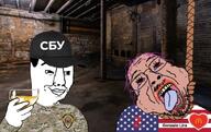 2soyjaks american_flag amerimutt basement brown_skin cap clothes glass glasses gonzalo_lira hand hanging hat mcdonalds open_mouth purple_hair raised_eyebrow russo_ukrainian_war sbu smile stubble text tranny ukraine variant:bernd variant:chudjak z_(russian_symbol) // 1087x686 // 174.5KB