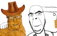 2soyjaks chicken_nuggets clothes cowboy_hat food foodjak gegagedigedagedago gen_alpha glasses goyslop iron meta:tagme no_more_brother_wars ohio skibidi_toilet soyjak toilet variant:cobson variant:feraljak white_background // 1080x680 // 554.5KB