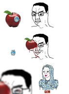 3soyjaks alternate angry apple blood bloodshot_eyes blur closed_mouth clothes comic crying female food fruit fruit_label gem glasses gore groomer hair makeup meme missing_eye nonsense schizophrenia smug soyjak subvariant:trad_wife variant:chudjak wojak // 960x1300 // 145.5KB