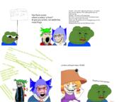 4chan anime apu bant_(4chan) bloodshot_eyes blue_hair cirno clothes crying frogposting green_hair green_skin hair hat moriya_suwako touhou tranny variant:cryboy_soyjak variant:feraljak variant:gapejak variant:soyak video_game wordswordswords yoba_face yotsoyba // 1066x800 // 359.7KB