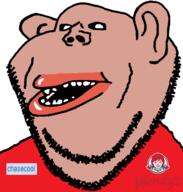 amerimutt black_sclera brown_skin chasecool_(namefag) clothes ear lips mutt open_mouth red_shirt soybooru soyjak stubble subvariant:impish_amerimutt united_states variant:impish_soyak_ears wendys // 598x627 // 39.1KB