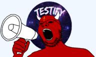 black_sclera christian_cross christian_identity christianity cross demon facial_mark forehead_mark glasses hand holding_object horn mark_of_the_beast megaphone no_pupils open_mouth red_skin satan shoulder soyjak stubble testify_apologetics text variant:gapejak youtube // 1183x709 // 374.7KB