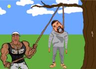 artist:romanian_schizo black_skin buff chain dead drake hair hanging holding_object holding_rope lynching necklace open_mouth rope stubble thug tranny tree variant:bernd variant:markiplier_soyjak // 2092x1504 // 387.5KB