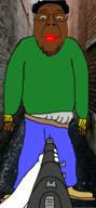 animated arm black_skin blood clothes firearm glasses gun hair hand holding_object irl_background murder open_mouth shooting smile soyjak stubble variant:bernd yellow_sclera yellow_teeth // 439x945 // 2.0MB