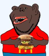 amerimutt arm black_skin clothes ear hamburger hand holding_object lips mcdonalds mutt open_mouth red_shirt soyjak stubble subvariant:impish_amerimutt variant:impish_soyak_ears // 897x1021 // 174.2KB