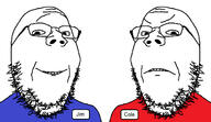 2soyjaks angry best_soy closed_mouth clothes coal frown gem glasses happy name_tag sign smile soyjak stubble text variant:gapejak // 1378x800 // 308.2KB