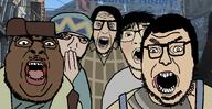 5soyjaks Minuteman arm black_skin bloodshot_eyes clothes concord crooked_teeth crying fallout_4 female glasses goggles hair hand hat lips minutemen open_mouth overalls scarf stubble tshirt variant:chugsjak variant:nerdjak variant:nulljak variant:unknown variant:volcanojak white_skin // 860x443 // 161.4KB