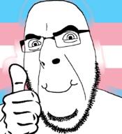 closed_mouth flag glasses hand smile soyjak stubble thumbs_up tranny trans_rights variant:cobson // 775x849 // 73.1KB