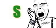angry arm banner clothes glasses hand open_mouth soyjak soyjak_party stubble text variant:cobson // 300x150 // 35.8KB