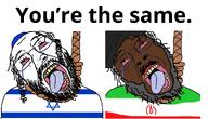 ack beard black_skin bloodshot_eyes clothes country flag flag:iran flag:israel glasses hanging hat iran israel jewish_nose judaism kike kippah meta:tagme mudslime open_mouth variant:bernd // 1281x736 // 448.9KB