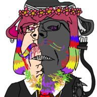 angry artist:Rhubarb_15 bandages bangs beard beret bloodshot_eyes charger clothes color colorful_hair cracked_skin cyborg earring female flower_crown glasses gritting_teeth lion literally_who mustache old_original_character original_character rainbow robot short_hair suit sweetteeths // 1280x1280 // 307.9KB