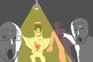 5soyjaks arm blood bloodshot_eyes crying glasses hand horror lamp murder open_mouth pink_skin pointing pointing_at_viewer stubble subvariant:fingerboy variant:a24_slowburn_soyjak variant:soyak variant:two_pointing_soyjaks // 740x493 // 160.3KB