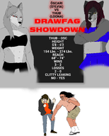 2soyjaks angry animal animal_ears animal_nose anthro artist:oscari artist:thub black_clothing black_eyes black_hair blood blue_clothing broken_glasses brown_hair bruise buff cargo_shorts character:sylvia dog_ear drawfag fat fight fighting fist full_body fur furry glasses glasses_off glowing grey_background grey_fur grey_hair grey_skin half_body high_res jacket long_hair loona_(helluva_boss) meta:barely_a_soyjak meta:namefags meta:self_insert mma native_american necklace open_hand orange_shirt orthodox_cross oscari_(user) pain poster punch red_sclera red_text sandals scottish series:furry_drawings short_hair shorts skinny skirt sock soyduel statistics stubble sweatpants tan_skin text thub_(user) tooth tranny two_retards_fighting ufc variant:unknown violence white_background white_pupils wince wolf yellow_sclera // 1920x2400 // 591.9KB