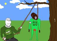 2soyjaks 4chan amphibian antenna belt bloodshot_eyes buff clothes crying flag frenschan frog full_body hanging holding_object holding_rope logo lynching mustache nas:pepe pepe_the_frog rope soyjak subnas:apu subvariant:wholesome_soyjak tranny tree variant:bernd variant:gapejak // 2100x1500 // 261.3KB