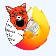 animal browser clothes ear firefox fox full_body glasses holding_object logo meds open_mouth orange_skin snout soyjak tail text tshirt variant:markiplier_soyjak whisker // 2032x2032 // 835.7KB