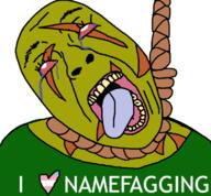 bloodshot_eyes clothes crying green_skin hanging i_love namefags open_mouth rope scar scar_(user) variant:bernd // 384x355 // 82.5KB