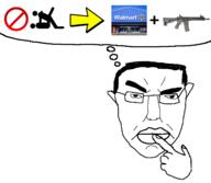 closed_mouth ear glasses gun hair hand mass_shooter rifle sex soyjak subvariant:chudjak_front thinking thought_bubble variant:chudjak walmart // 1353x1177 // 200.8KB