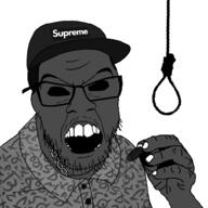 angry black_and_white black_eyes black_skin bug cap chain clothes glasses goblin_(tyler_the_creator) hand hat holding_object logo nigger noose open_mouth soyjak stubble surpreme_(logo) tyler_the_creator variant:feraljak white_background yonkers // 1000x1000 // 228.7KB