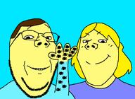 ants arm blonde_hair_ blue_background blue_shirt brown_hair clothes glasses hair hand insects purple_shirt smile stubble subvariant:gapejak_female subvariant:wholesome_soyjak treatsforbeasts variant:gapejak yellow_skin // 1228x897 // 67.2KB