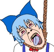 anime bloodshot_eyes blue_hair bowtie cirno clothes crying female glasses hair hair_ribbon hanging open_mouth rope soyjak suicide tongue touhou variant:bernd video_game white_skin yellow_teeth // 1046x994 // 41.3KB