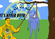 2soyjaks arm ban blue_skin chud closed_mouth discord drawn_background full_body guilded hand hanging holding_object holding_rope leg lynching open_mouth outdoors outside roscomnadzor smile sonnenrad soyjak text tongue tranny tree variant:bernd variant:chudjak yellow_skin роскомнадзор // 4096x2917 // 1.2MB