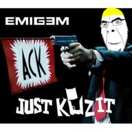 ack album_cover clothes eminem glasses gun hand holding_gun holding_object music soyjak stubble suit text variant:cobson yellow_hair // 500x500 // 211.7KB