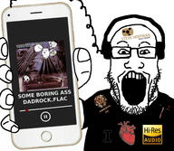 audiophile clothes flac glasses headphones holding_object holding_phone iphone music open_mouth richard_wagner ring_cycle soyjak steely_dan steve_hoffman stubble subvariant:phoneplier subvariant:phoneplier_vertical variant:markiplier_soyjak // 2160x1884 // 1.3MB