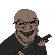 black_sclera black_shirt brown_skin clothes enemy evil finger gun hand holding_gun red_eyes rotten_teeth shitty_edit shotgun smile squinted_eyes stubble subvariant:feralgrin teeth_showing variant:feraljak wrinkles // 1024x1024 // 35.0KB