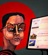 4chan art closed_mouth computer glasses hair monitor pol_(4chan) red redraw soyjak variant:chudjak // 898x1024 // 1.6MB