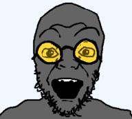 admin glasses grey_skin nose open_mouth smile soot soot_colors soyjak_party stubble variant:fluxjak yellow_eyes // 355x320 // 5.7KB