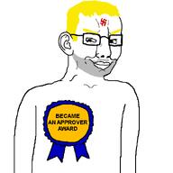 5_o_clock_shadow approver arm award blood chudson88_(namefag) ear glasses looking_at_you meta:namefags mustache smug swastika variant:chudjak yellow_hair // 600x600 // 38.9KB
