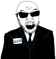 angry badge card central_intelligence_agency clothes earpiece glasses necktie open_mouth soyjak stubble suit sunglasses trend:glowie variant:feraljak // 1679x1782 // 89.3KB