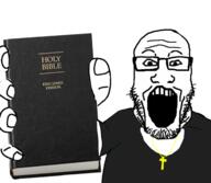 arm bible book christianity clothes cross glasses hand holding_book holding_object necklace open_mouth religion soyjak stubble tshirt variant:markiplier_soyjak // 2160x1884 // 2.3MB