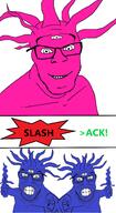 3soyjaks arm blue_horror blue_skin clenched_teeth comic daemon dagger ear glasses greentext hand happy holding_object monster multiple_eyes mustache pink_horror pink_skin pointing pointing_at_viewer smile soyjak stubble sword text tzeentch variant:feraljak warhammer wrinkles // 1500x2741 // 1004.4KB