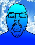 blue_skin calm closed_eyes closed_mouth cloud flart glasses irl_background mustache sky soyjak stubble variant:flartson // 200x255 // 60.0KB